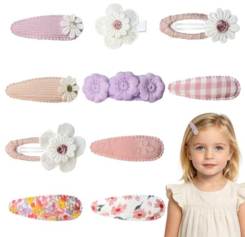 10 Piezas Horquillas para Pelo Niña, Clips de Pelo Bebé con Flores Hechos a Mano, Pasadores con Bordado de Margarita, Pinzas de Tela Suave para Bebés y Niños Pequeños (Rosa/Púrpura)