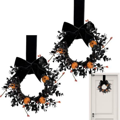 Halloweenkrans För Ytterdörren Gotisk Svart Och Orange Girlang Ornament | Svart Halloweenkrans För Användning Under Hösten Inomhus Och Utomhus, I Trädgården, På Väggen Och Vid Lantliga