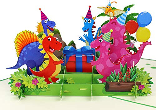 MOKIO® Pop-Up Geburtstagskarte – Happy Birthday Dino-Party mit Geschenk & Luftballons – 3D Geschenkkarte zum Geburtstag, handgefertigte Klappkarte mit Umschlag