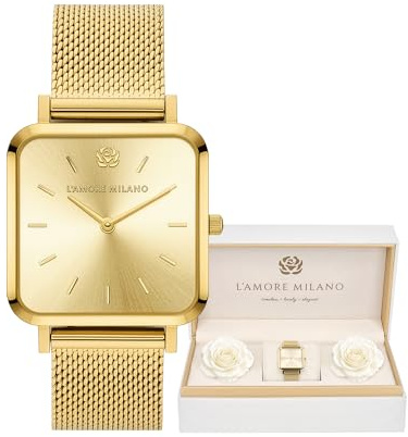 L'AMORE MILANO Damenuhr Weihnachten - Geschenke für Frauen - Eckige Armbanduhr Damen in Rosenbox - Geschenke für Freundin, Mama - 28mm Damen Uhr Gold