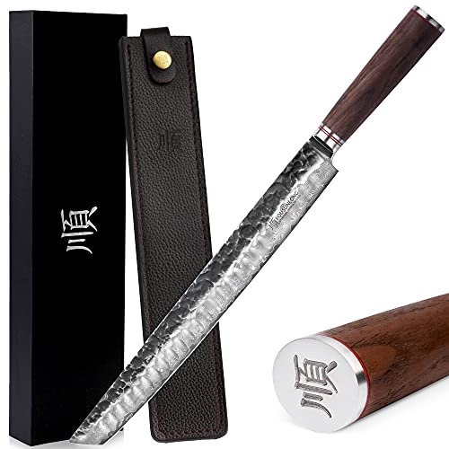 YOUSUNLONG Cuchillo para rebanar Sujihiki Ultimate de 330 mm Cuchillo japonés para rebanar - Acero de Damasco martillado japonés - Mango de nogal natural con funda de cuero y caja de regalo