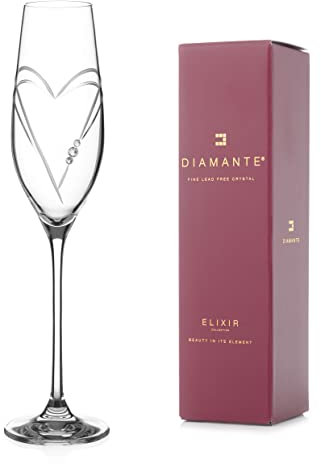 DIAMANTE Swarovski Champagne Flutes Prosecco Glass 'Hearts' Design with Swarovski Crystals - Single Glass in a Gift Box