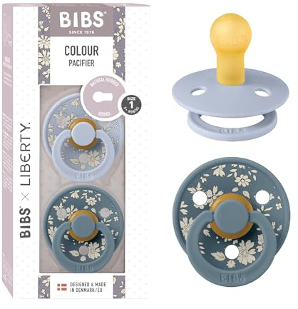 BIBS Liberty Dummies | 2 Colour Natural Rubber Latex Soothers | BPA Free Dummy | Round Nipple Pacifier | Designed & Made in Denmark | Capel Dusty Blue | Size 1 | 0+ Months