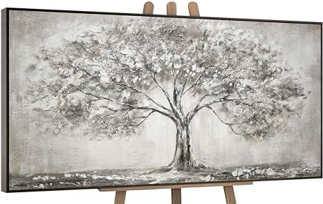 YS-Art Quadro Dipinto a Mano Originale – Albero Astratto Grigio Beige, Acrilico Materico su Tela, Decorazione Incorniciata per Camera da Letto e Salotto 200x100 cm