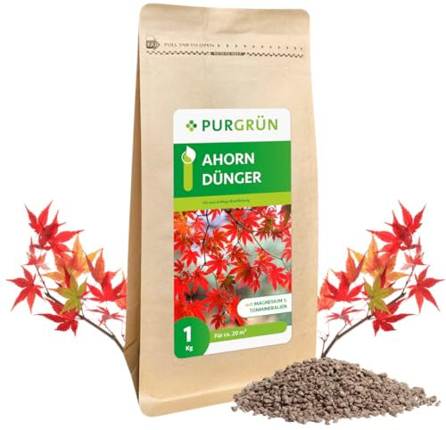 Purgrün® Ahorn-Dünger 1 kg – Organisch-mineralische Rezeptur – Feinkörniges Krümelgranulat – NPK 5+4+6 – Mit Magnesium & Tonmineralien – Extra Kalium für Widerstandsfähigkeit – Für gesunde Ahornbäume