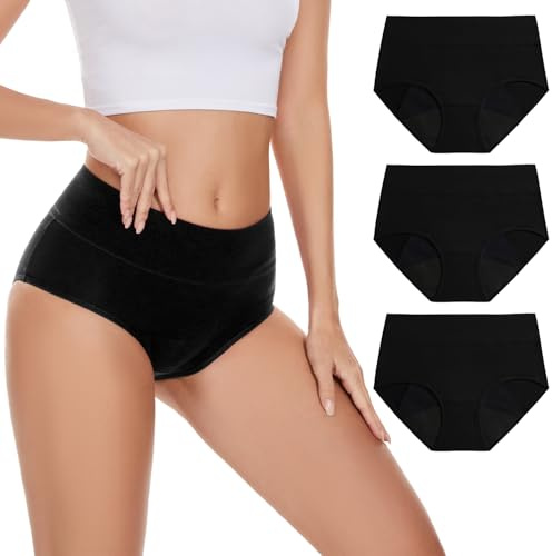 POKARLA Lot de 3 culottes d'incontinence pour femme - Haute absorption - Anti-fuite - Anti-fuite - Lavable - Culotte de protection en coton taille haute - Noir - Taille L