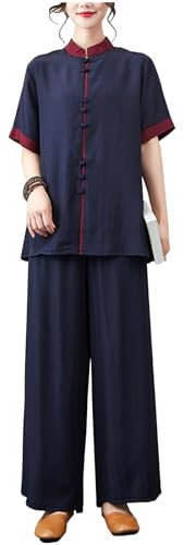 DAYKET Damen-Tai-Chi-Uniform, Traditionell, Kurzärmelig, Kampfsportbekleidung, Morgenübungen, Kung-Fu-Kleidung, Lounge-Bekleidung,Navyblue-L