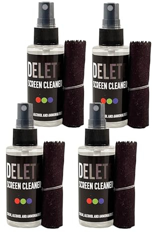 Delete Screen Cleaner Spray Kit, 4 Pack, 2oz Bottle and 12x12 Microfiber Cleaning Cloth, Streak-Free, Safe and Gentle Formula, Multi-Purpose for Travel, Small TVs, Cameras, Laptops, Phones