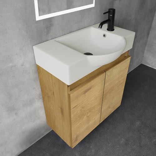 Alpenberger Waschtisch mit Unterschrank 55 cm Breit | Waschbecken mit Unterschrank Bad Möbel Modern Set | Kleines Waschbecken Gäste WC Möbel | Waschbeckenunterschrank Badezimmermöbel (Eiche Natur)