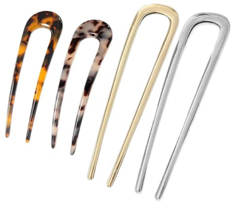 KEYRI 4 Stück French Hair Pins U-förmige Haarnadeln French Twist Pins Zarte Haar-Accessoires Gold und Silber Haarspangen Dunkle und Helle Schildpatt Spangen für Frauen und Mädchen (Metall und Acetat)
