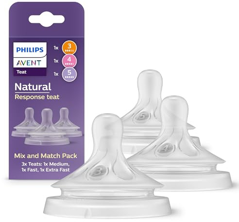 Philips Avent Natural Response mixa och matcha-nappaket, 3 Natural Response-nappar med olika flödeshastigheter – mediumflöde (flöde 3), snabbt (flöde 4) och extra snabbt (flöde 5), 3-pack, SCY960/03