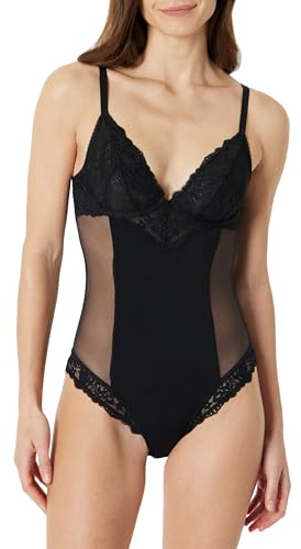 Amazon Essentials Women's Stretch Galloon Lace Wired Bodysuit, Plunge, Black, 32A