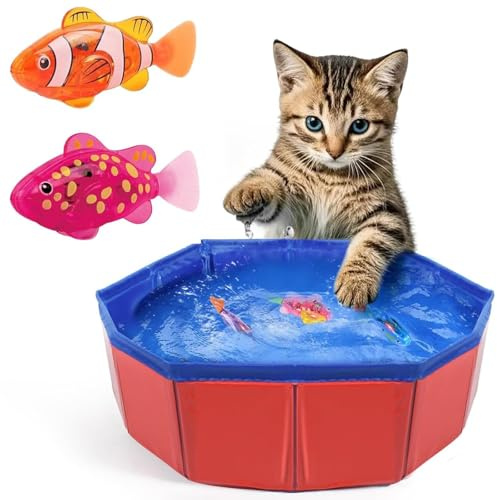 Robo Fish (30cm Diameter), Robotic Fish Toy with Cat Pool, Swimming Fish Bath Toy for Cats and Dogs, Interactive Water Play, Fun Fish Toy for Bath, Includes 2 Mechanical Fish and 1 Plastic Cat Pool