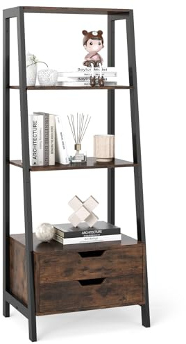 GOPLUS Estantería de Escalera, Librería de 4 Niveles con 4 Estantes, 2 Cajones, Estantería de Pie con Estructura de Metal, Armario de Pie Moderna para Sala De Estar, Dormitorio (Marrón)