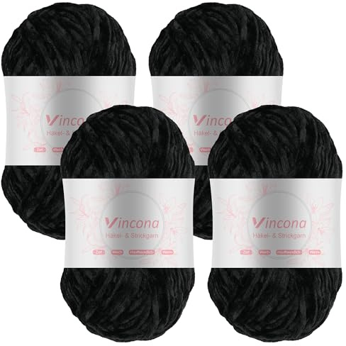 Vincona Fil chenille 4 x 100 g laine à tricoter - Doux laine crochet, chenille fil pour crochet tricot - 100% polyester - 4 x 120 m Super Soft Chunky Yarn - Aiguilles n° 5-6 Noir