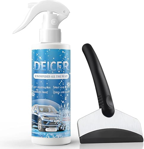 Miioto Spray Antigelo Auto, Spray Sciogli Ghiaccio Auto, Deghiacciante Vetri Auto, Dotato di Speciale Raschiatore, Rimuove Rapidamente Ghiaccio e Neve dai Finestrini e dal Parabrezza Dell'auto -250ml