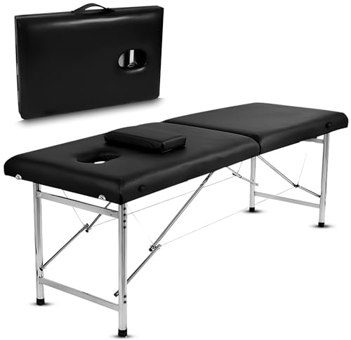 Fitby Table de Massage Pliante Professionnelle Maya 2 Zones - Lit Esthétique Léger en Aluminium | Table Pliante Hauteur Réglable 60-80cm | Revêtement Cuir Synthétique avec Poignée, Noir