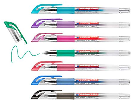 edding 2185 Gelroller - schwarz, rot, blau, gün, violett, pink, hellblau - 7er-Set - 0,7 mm - Gelstifte zum Schreiben, Malen, Mandala, Bulletjournal - Gelschreiber, Gelmalstifte