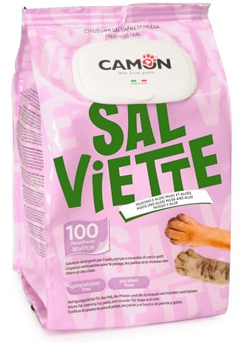 CAMON | Salviette Detergenti per Cani e Gatti, 30x17 cm, Confezione da 100 Pezzi, Fragranza Muschio e Aloe, Senza Alcool etilico né Parabeni, Made in Italy