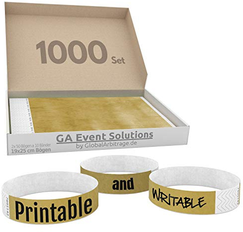 1000 goldene GA Event Solutions Einlassbänder – nummerierte Eintrittsbänder für Events, Festivals und Partys – Kontrollarmbänder mit Sicherheitsverschluss – bedruckbar