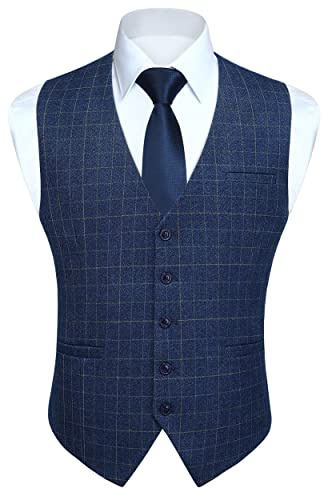 HISDERN Men's Suit Vest Plaid Dress Vest for Men Slim Fit Formal Business Waistcoat Tuxedo V-Neck Solid Vest for Wedding Blue X-Large