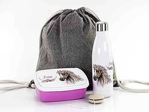 GRAZDesign Einschulung Geschenk Set Mädchen, Sportbeutel, Brotdose + Thermo Trinkflasche personalisiert mit Namen, Pferd Blumen Motiv zum Schulanfang, Edelstahl 500ml