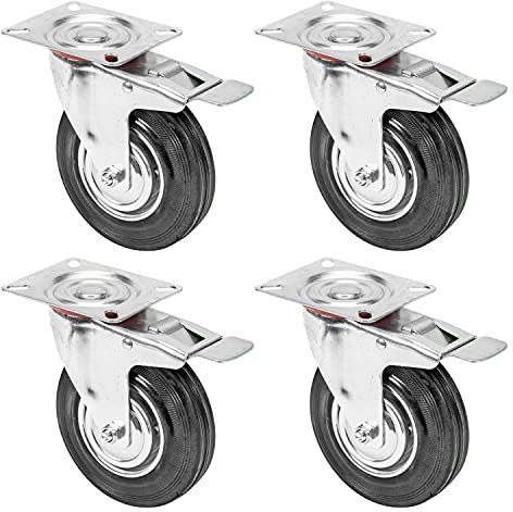 HMF 6790 Schwerlastrollen mit Bremse aus Vollgummi | 4 Stück | 125 mm | bis 400 kg | Schwarz