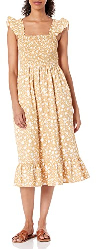 The Drop Vestido midi Kimi para mujer, fruncidos y tirantes con volantes, estampado floral Ginger, L