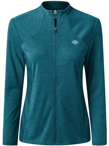 MoFiz Donna Giacca da Corsa Felpa Sportiva Leggera Manica Lunga Traspirante Top da Tuta Cerniera Integrale senza Cappuccio per Running Fitness Yoga Palestra con Tasche Blu Mare M