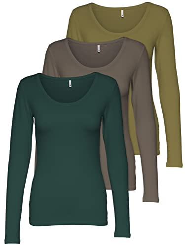 ONLY Förpackning med 3 långärmade tröjor för kvinnor, svarta och vita, enkla långärmade sommartröjor, tillverkade av 95 % bomull, XS, S, M, L, XL,, Förpackning med 3 färgblandning 8, XS