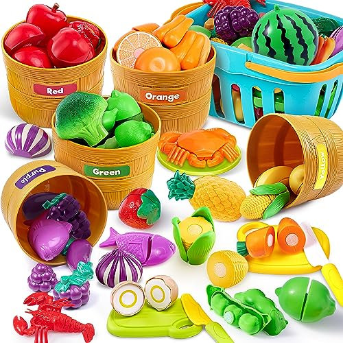 JOYIN Color Sorting Play Food Set, 71-teiliges Schneide-Lebensmittel-Spielzeug, Küchenzubehör für Kinder, Lernspielzeug für Jungen & Mädchen, Kleinkind-Sortier-/Feinmotorik-Spielzeug, Lernspielzeug