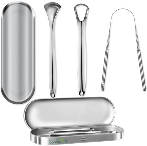 Set mit 3 Zungenschabern für Erwachsene, Zungenschaber aus Edelstahl mit Aufbewahrungsbox für die Mundhygiene von EcoEarth