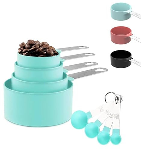8 Pcs Cuillere Doseuse Et Measuring Cups Ensemble,4 Cuillere Mesurer et 4 Tasses Mesure,Set D’ustensiles Mesure Acier Inoxydable Avec Cuilleres Doseuses pour Mesurer Solides et Liquides(Bleu)
