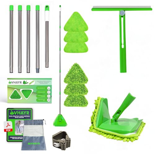 VHAYR Mopa para Limpiar Azulejos y Paredes + Rasqueta Limpia Cristales | Trapeador Giratorio 360 | Mango Ajustable hasta 2,08 Metros | 6 Almohadillas de Chenilla y Microfibra (MOPA+RASQUETA)