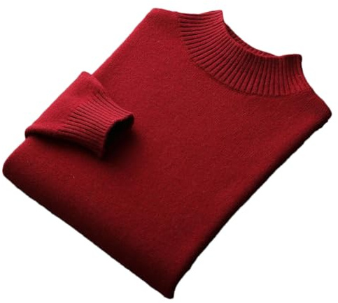 100% Merino Wool Mock Neck Sweater Mens Solid Knitted Half Turtleneck Jumper Thick Casual Pullover Rust Red M