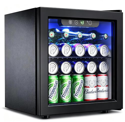 Feelfunn 50 Can Beverage Refrigerator Cooler - 1.3 Cu.Ft Mini Fridge with Glass Door, Soda Beer Drink Wine Fridge, Countertop Small Refrigerator for Bedroom Office Home Dorm Bar, Black