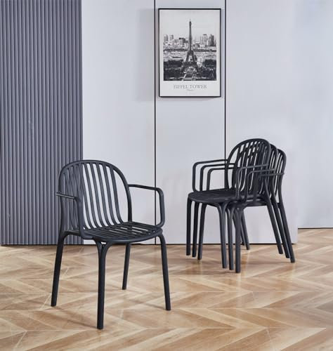 Hallowood Furniture Stoker Stackable Chairs Set of 4 with Arm Support, Black Plastic Armchairs for Home, Pub, Restaurant, Garden and Patio, Perfect for Dining Tables & Outdoor Use
