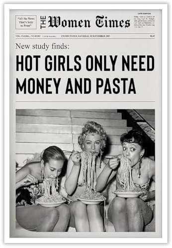 Dcvjiy Vintage Newspaper Unframed Print Poster,Girl Dorm Room Wall Art,Women Eating Pasta Canvas Art Room aesthetics,Trendy Funky Italian Kitchen Wall Decor 16x24in
