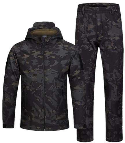 QIYUANT Enfant en Plein Air Vêtements Tactiques Ensembles Veste et Pantalon Softshell Doublé Polaire Airsoft Militaire Camouflage Hiver Combat Chasse Randonnée (Noir CP/Veste + Pantalon, 140)