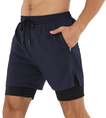 Danfiki Löparshorts män gym sportshorts träning träningskläder träning snabbtorkande kompression shorts med blixtlåsfickor, marinblå, XL