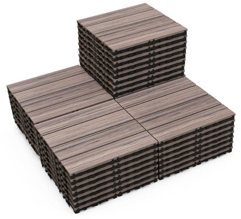 COSTWAY 18 Pcs Decking Tiles, 30 x 30cm Waterproof Interlocking Floor Tiles, Indoor Outdoor Cuttable Deck Tile for Patio Garden Balcony Pavement, Tools Free Assembly (Grey)