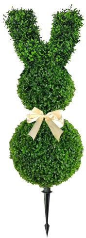 Skyrabbiter Künstlicher Buchsbaum Hase Gartenstecker, 70 cm, Grün mit Schleife, Osterdekoration für Draußen und Drinnen, Gartendekoration, Ostern Deko (A)