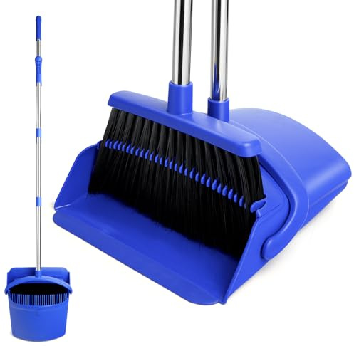XXFLOWER Dustpan and Brush Set Long Handled, Household Dust pan with Comb Teeth, 51.2 Inch Broom and Dustpan Set with Smooth Rubber Lip Dark Blue