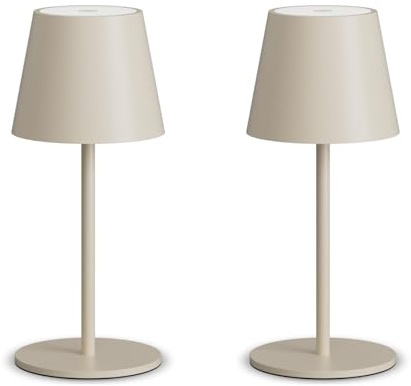 lundwa Dimmbare led akku tischleuchte Beige 26CM, 5000mAh(5V 2A) camping lampe akku aufladbar,3W 3000K tischleuchte kabellos,IP54 Outdoor Tischlampe für Restaurant, Schlafzimmer, Garten, Büro(2 Stück)