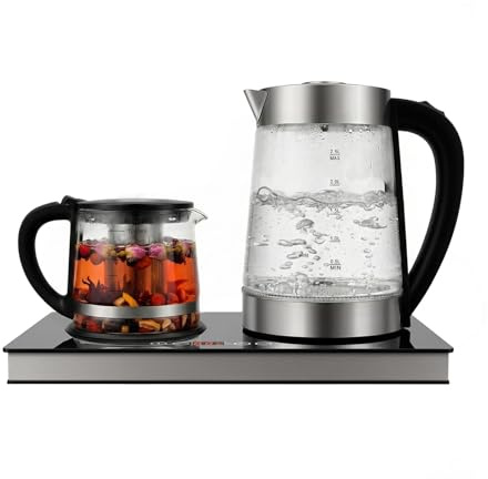 Vattenkokare i glas, 1 800 W, 2,5 l/1 l, vattenkokare i rostfritt stål, vattenkokare med pekskärm, LCD och nätkabel, varmhållningsfunktion, multifunktionell elektrisk tebryggare för te