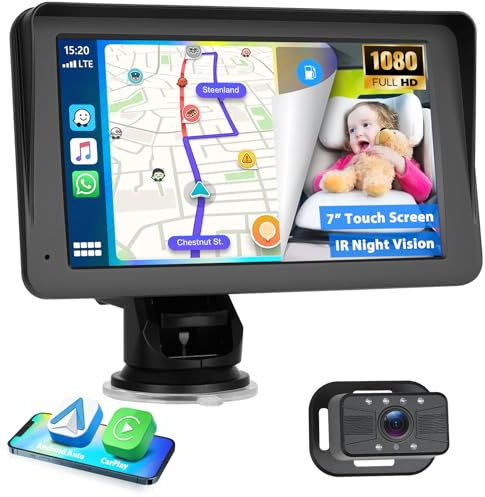 Bärbar trådlös Carplay babymonitor för bilar, 7-tums IPS-pekskärm med Carplay/Android bil, Bluetooth, Mirror Link, backkamera, enkel installation, GPS-navigering, skärm