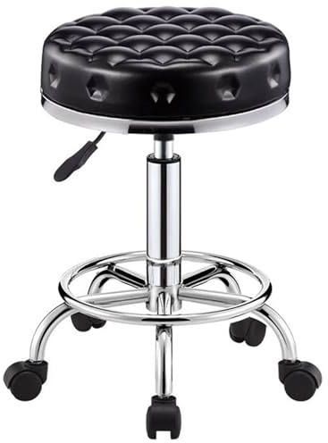 Rullande Barstol med Hjul, Liten Kontorsstol I PU-läder med Fotstöd, Mångsidig Justerbar Snurrpall, Enkel Montering, för Salong, Arbete, Kök(Black)