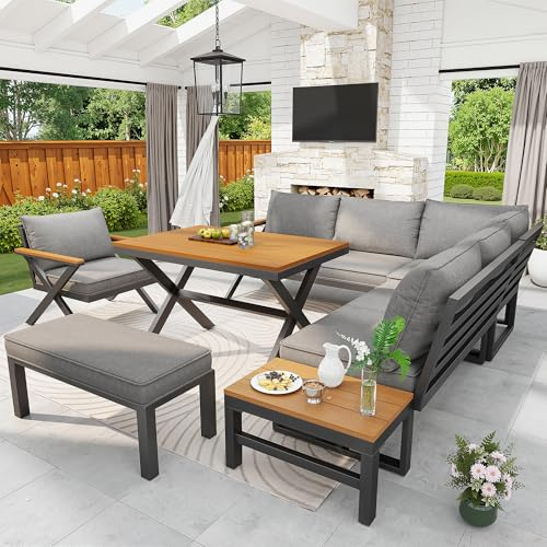 Lekvvied Gruppo di sedute per esterni modulare con moderno design a X, robusta struttura in metallo, cuscini spessi 10 cm e tavoli in legno, piedini regolabili per terrazza, balcone, giardino, grigio