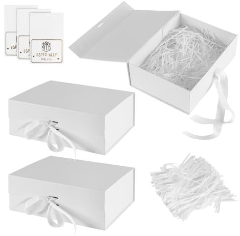 ZEONHEI 3 stycken vita presentlådor med lock, vikbar presentkartong med rosett, gratulationskort och raffia, magnetisk presentask, magnetisk vikbar låda för bröllop, födelsedag, presentförpackning