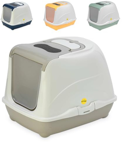 CAT CENTRE Grey Cat Flip Litter Tray 4 Colours Box Hooded Pan Toilet Loo Carbon Filter Scoop